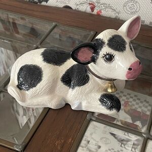 Vintage Scioto Black and White Ceramic Calf Figurine with Bell